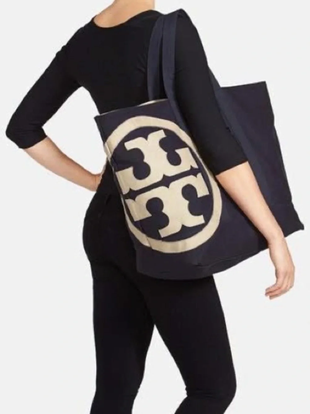 Tory Burch Navy and Cream Logo Canvas Tote